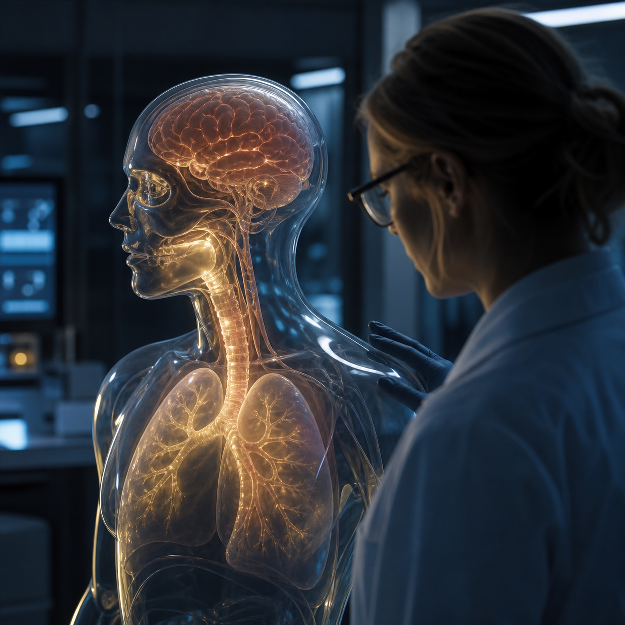 Researcher studies oxygen flow through a transparent artificial airway and brain model in a biomedical simulation lab