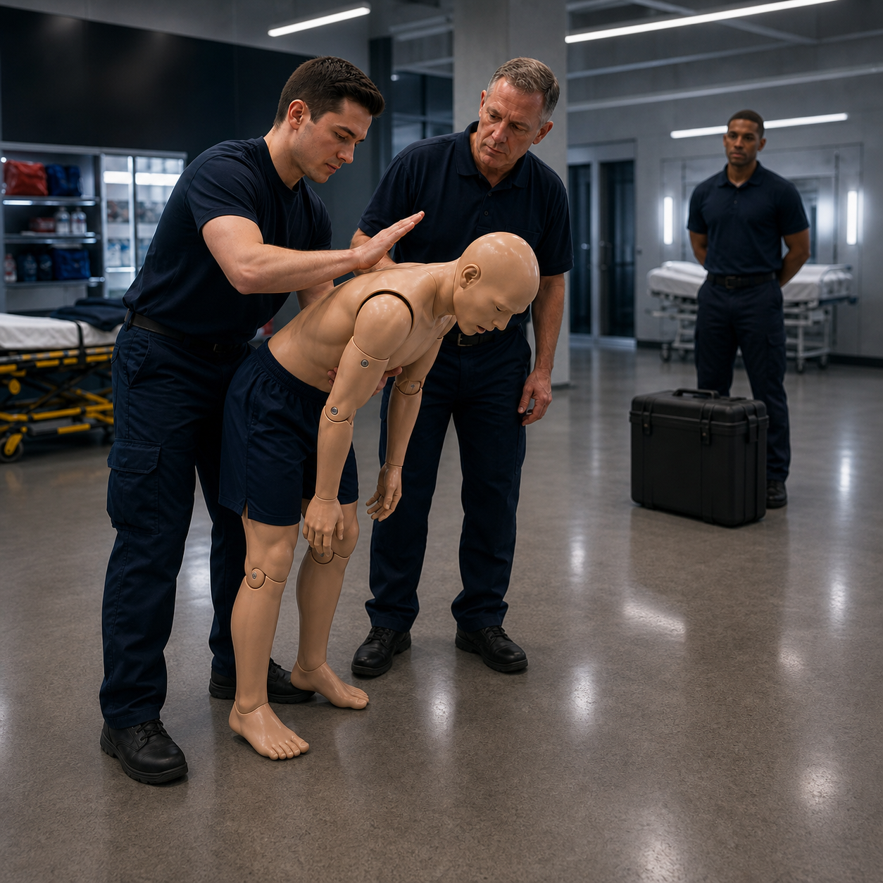 Responder demonstrates manual choking rescue on an artificial mannequin before a closed backup equipment case is approached