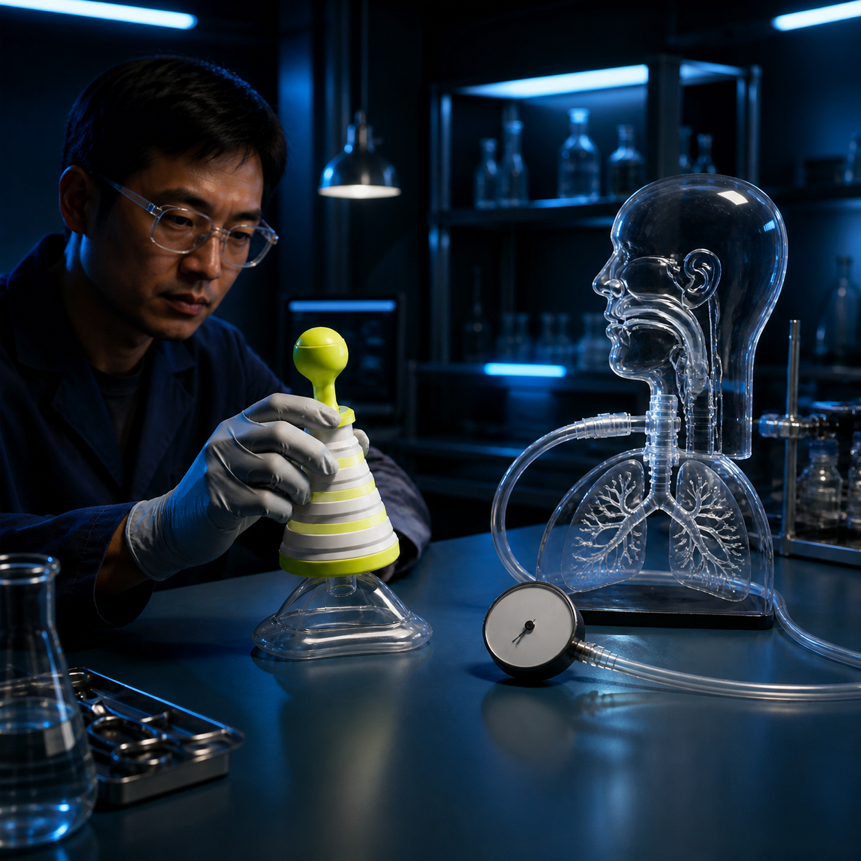 Biomedical engineer examines the exact real FoldPumpVac beside a transparent artificial airway model and blank pressure gauge