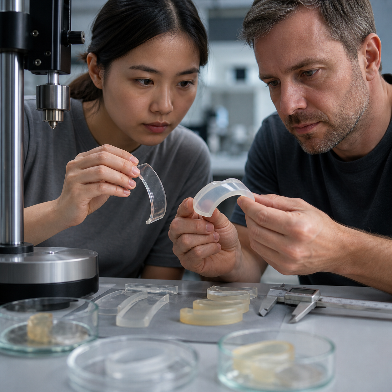Materials team compares transparent silicone edge flexibility, compression set, microcracking, and Shore hardness under inspection lighting