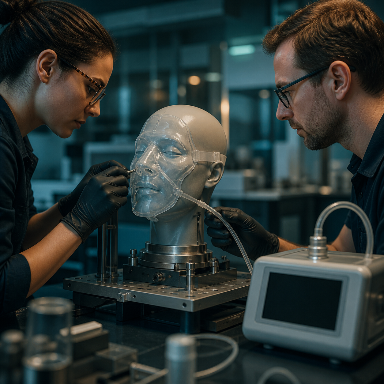 Biomedical engineers test mask seal conformity and leak paths on an artificial face rig before returning a kit to storage