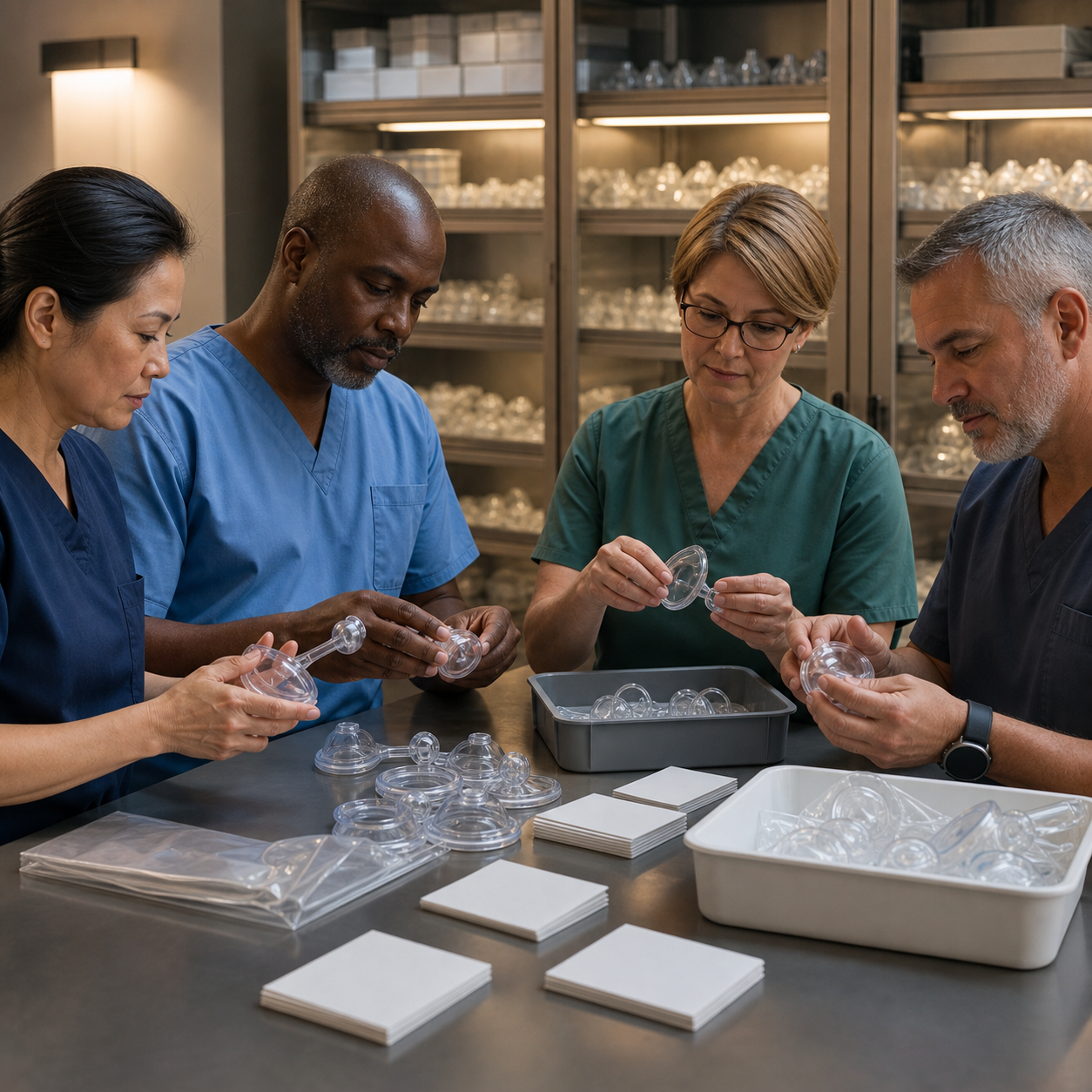 Care team separates serviceable and replacement mask components after checking seal edges, packaging, heat exposure, and storage history