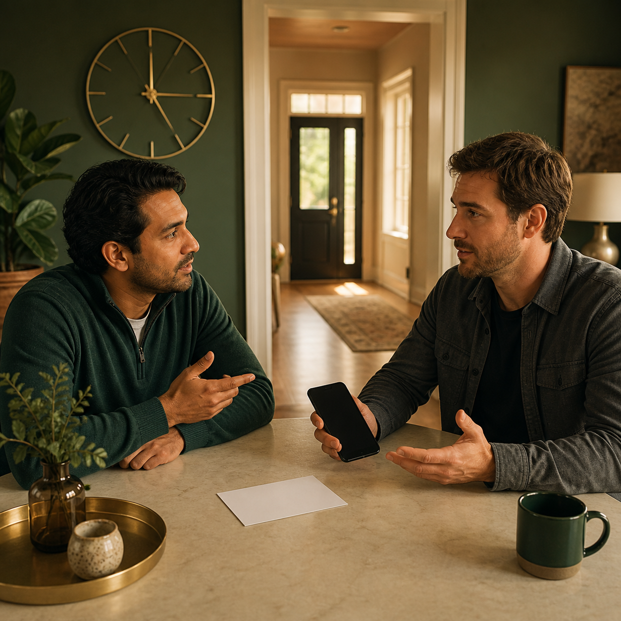 Two friends establish a calm check-in plan, emergency calling route, location access, and nearby support before one adult is alone