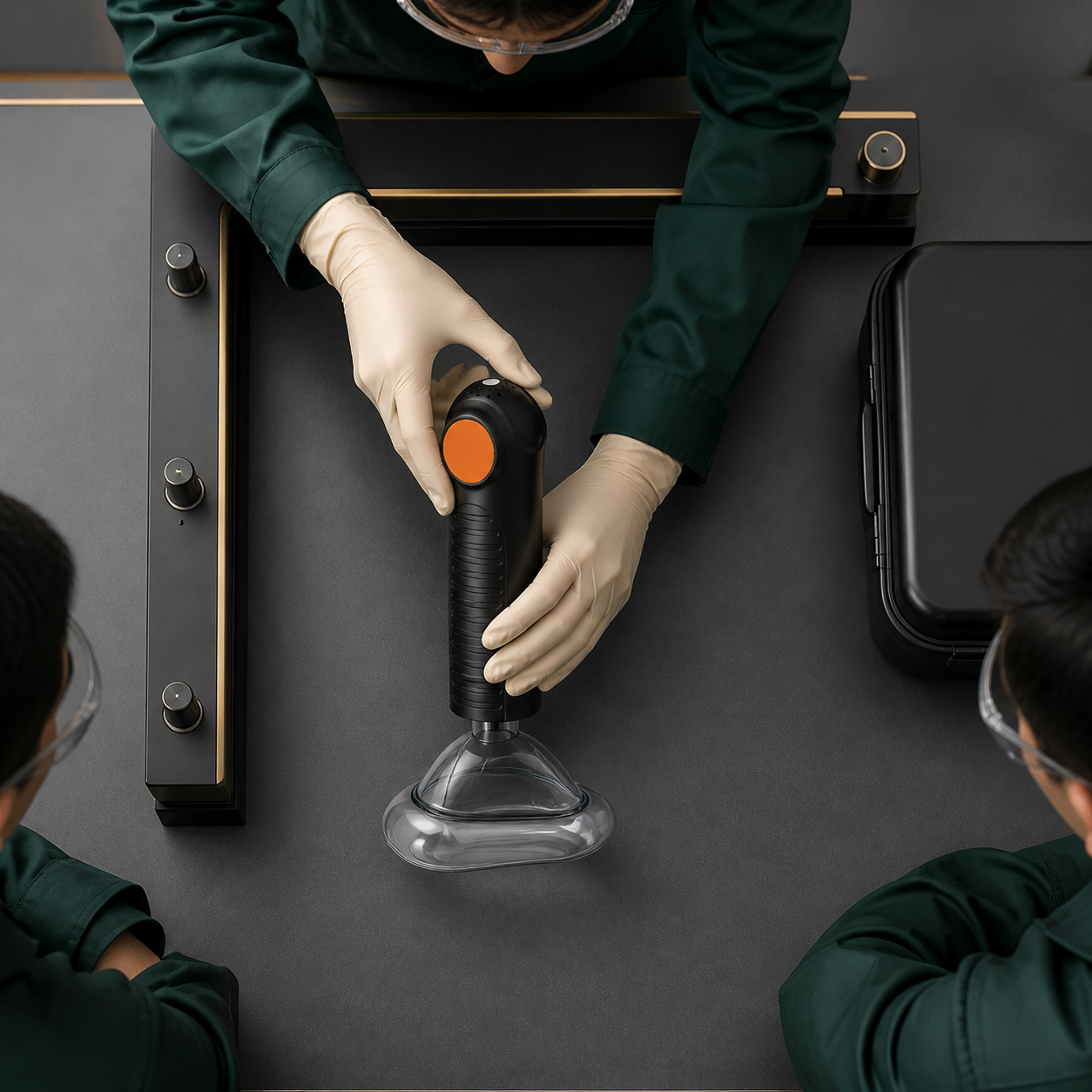 Human-factors engineer tests the exact real EasyPumpVac retrieval, placement, seal, grip, and short pull path on a neutral bench