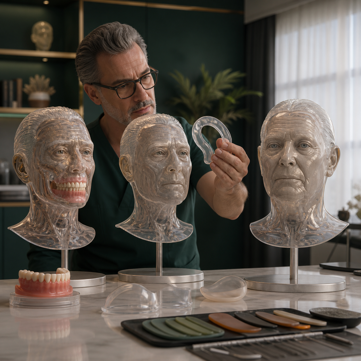 Clinical educator compares seal geometry on artificial facial rigs with dentures, without dentures, and with different cheek support
