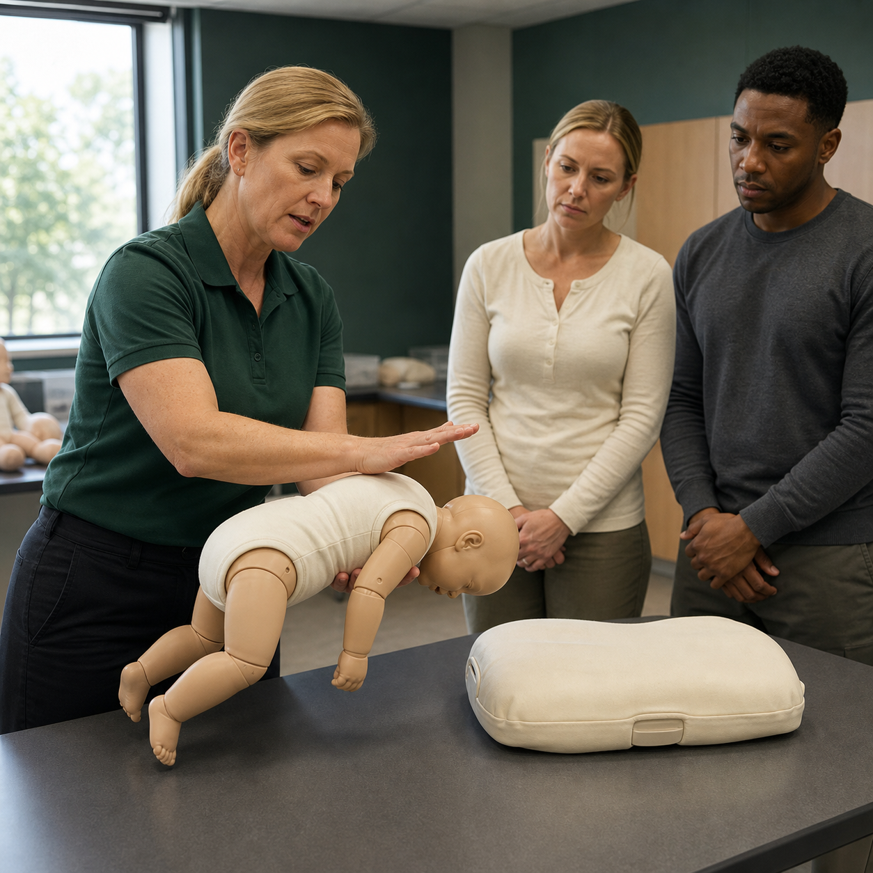 First-aid instructor teaches age-correct infant back-blow and chest-thrust positioning using a clearly artificial training mannequin