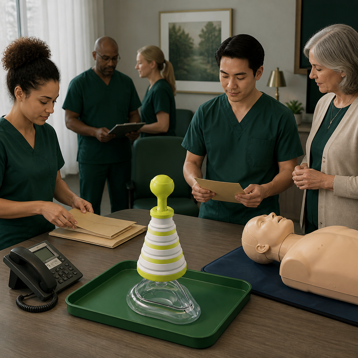 Care team integrates the exact real FoldPumpVac into a layered readiness station after first-line skills, EMS access, and documentation
