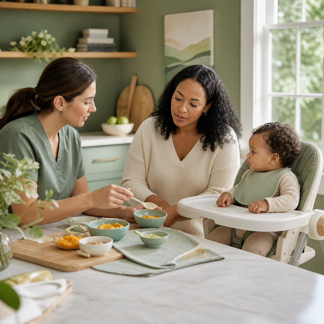 Pediatric feeding specialist coaches a caregiver on safe infant food texture, portion size, and seated supervision