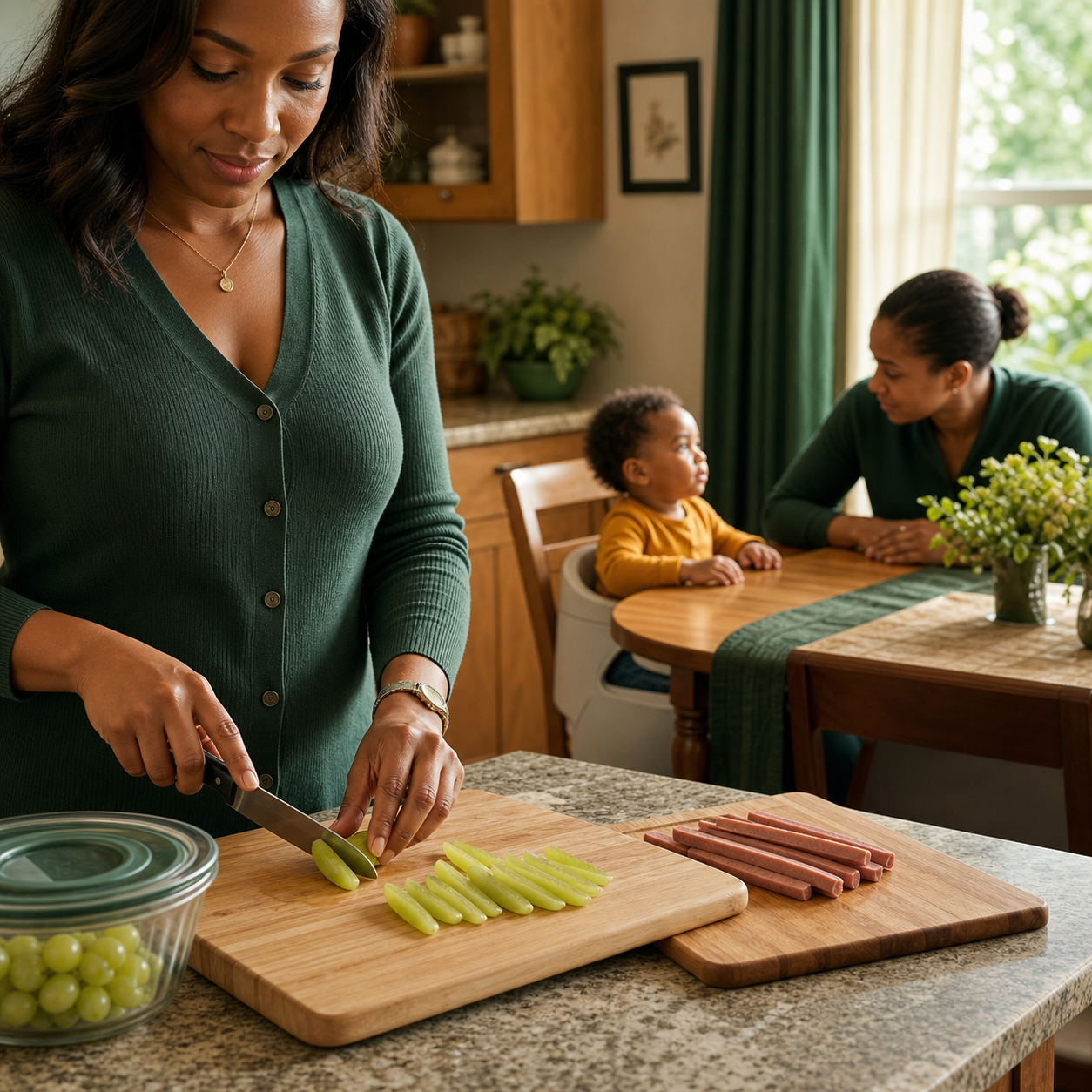 Caregiver cuts grapes lengthwise and hot dogs into thin strips before serving a supervised toddler meal