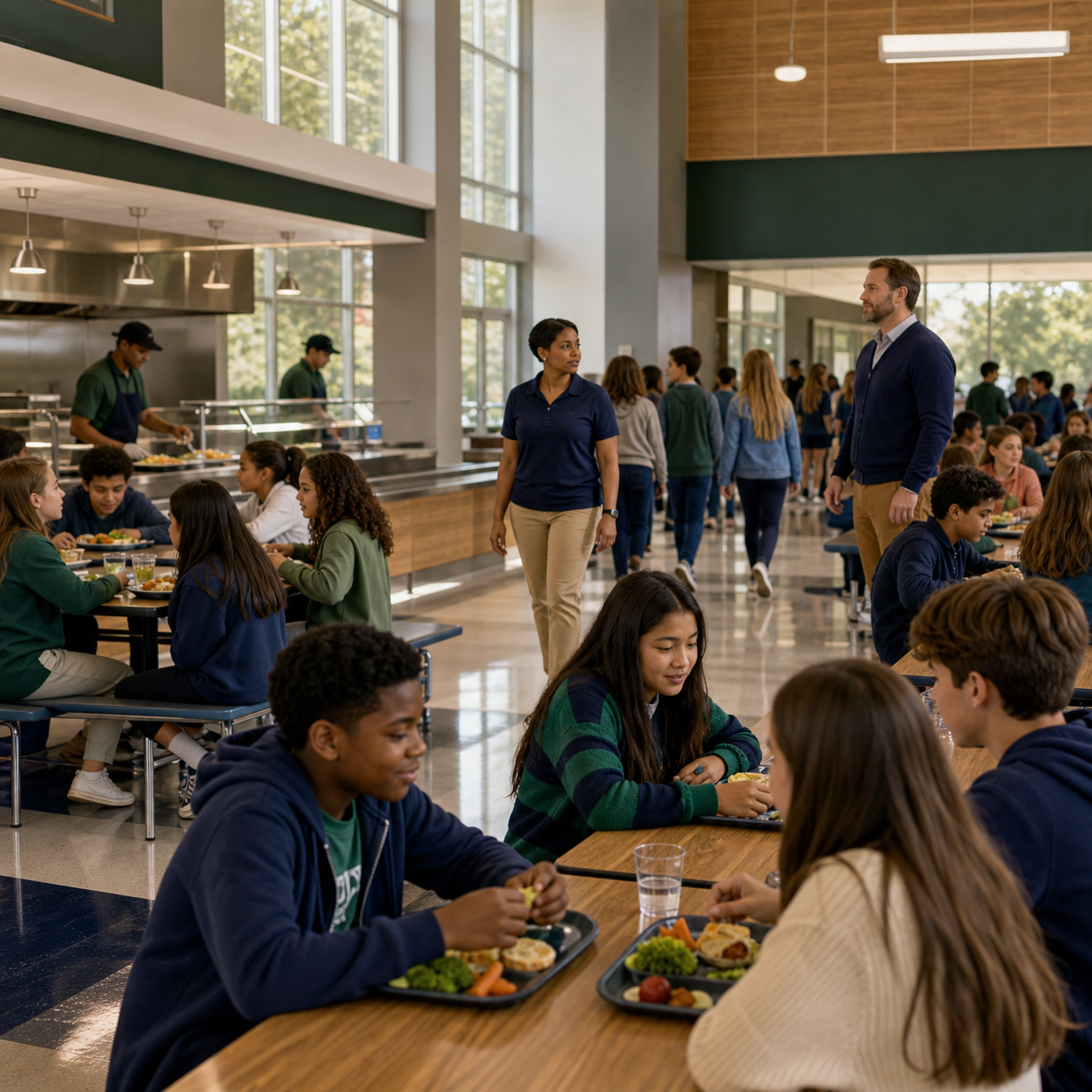School cafeteria staff supervise seated students and reduce rushing, talking, and movement during meals