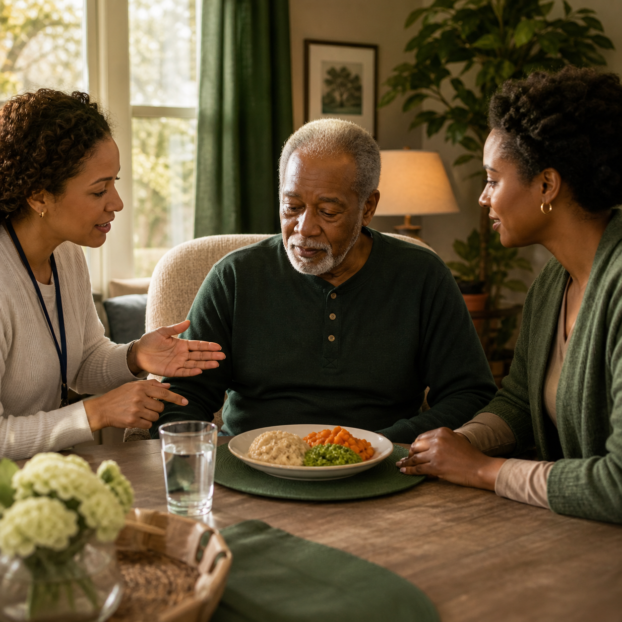 Speech-language pathologist and caregiver review a texture-modified meal plan with an older adult at home
