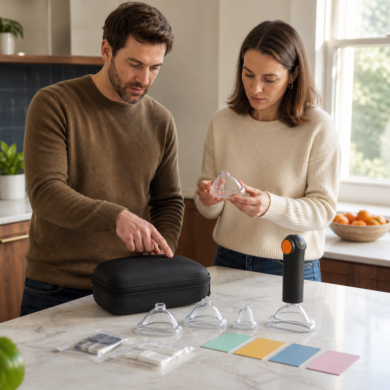 Exact real Fitiger EasyPumpVac masks case and instructions are reviewed at a calm household safety station