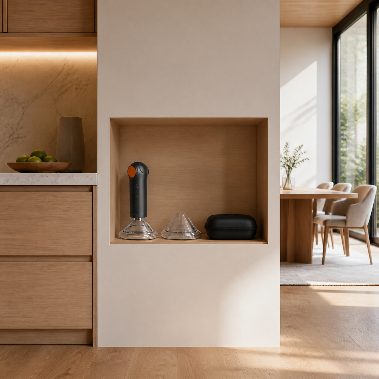 Exact real Fitiger EasyPumpVac is stored at a visible kitchen and dining emergency station without being used