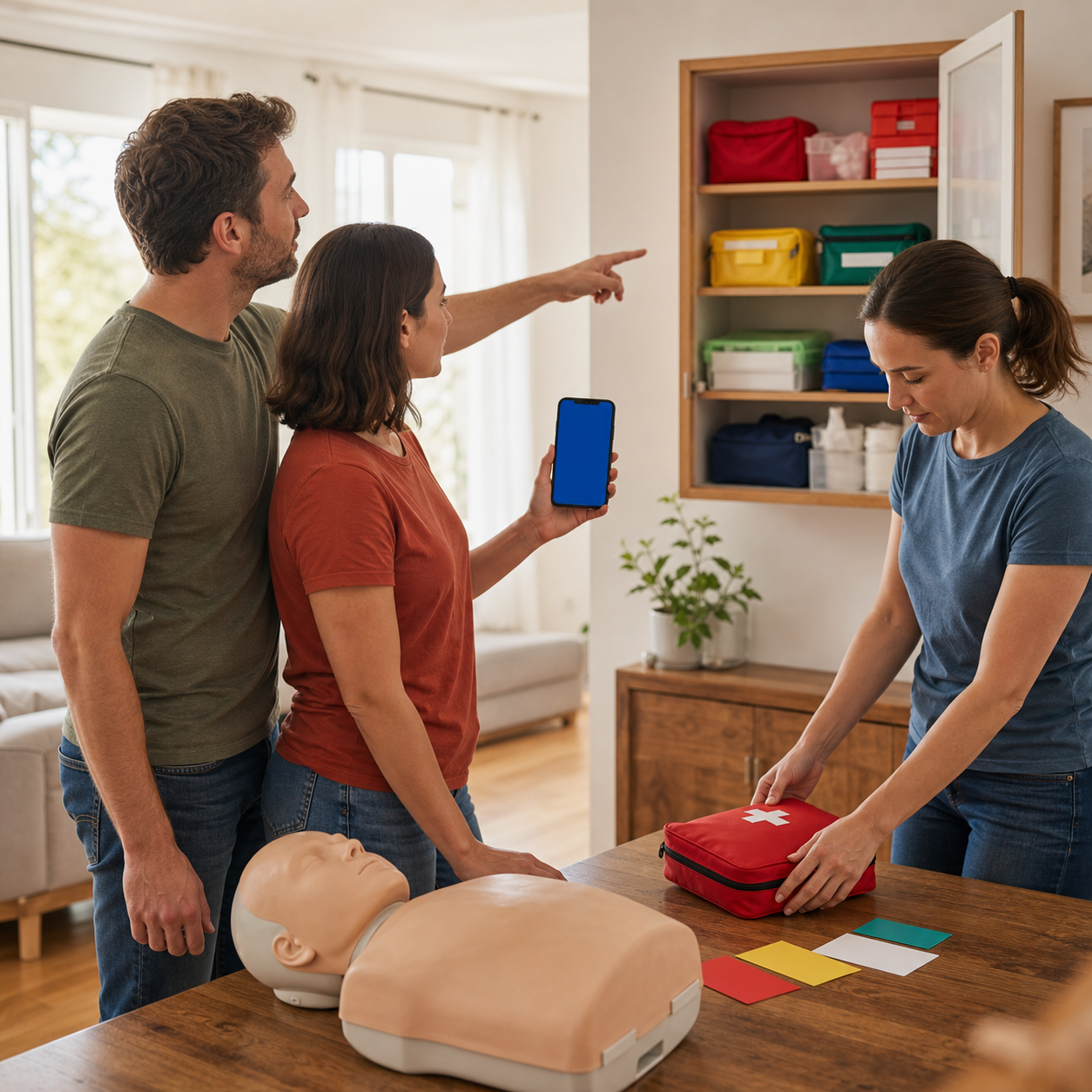 Household members rehearse first aid communication and locate emergency supplies during a calm readiness drill with no device use