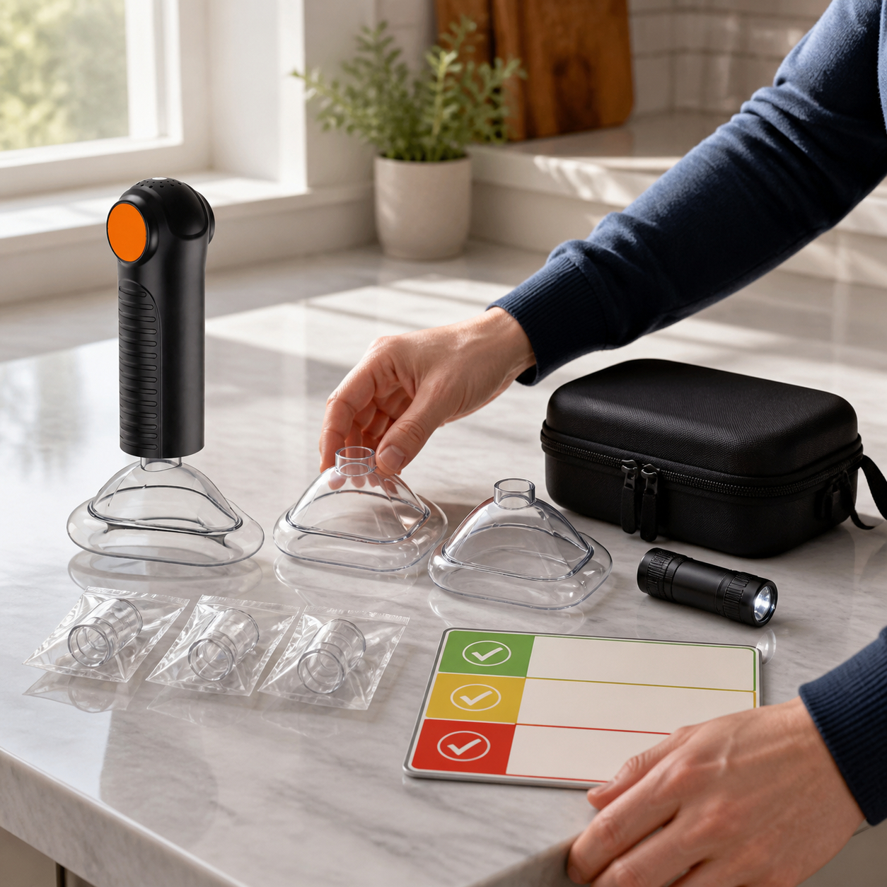 Exact real Fitiger EasyPumpVac masks accessories and storage case are checked during a recurring home safety audit