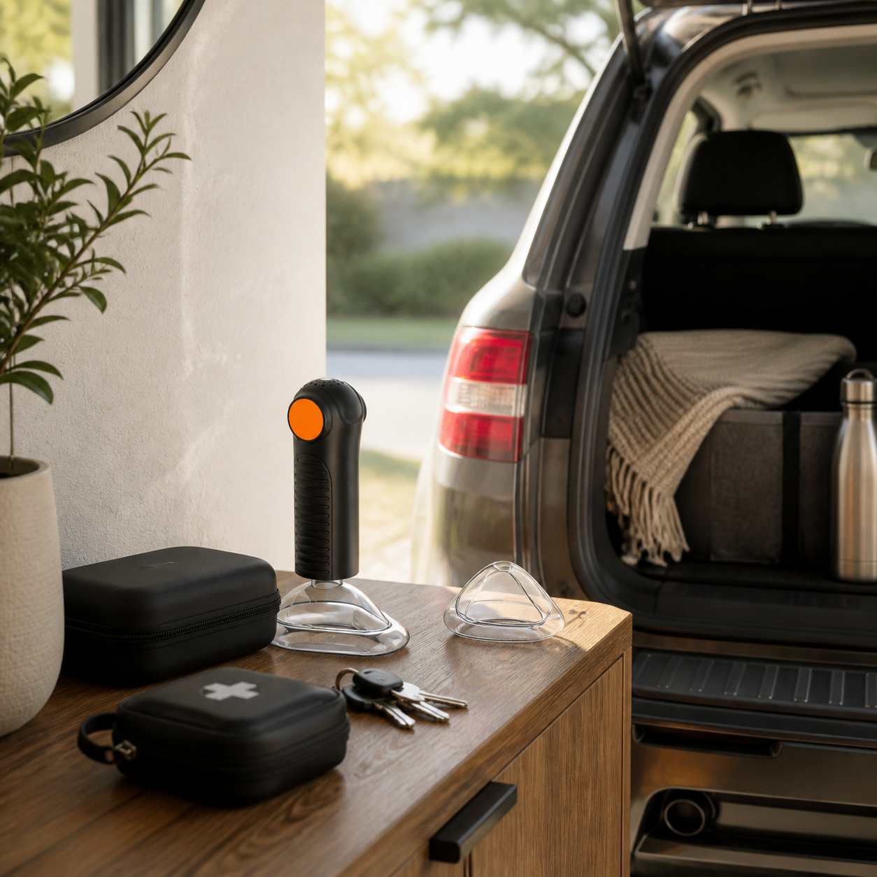 Exact real Fitiger EasyPumpVac and storage case are organized for home and vehicle caregiver readiness