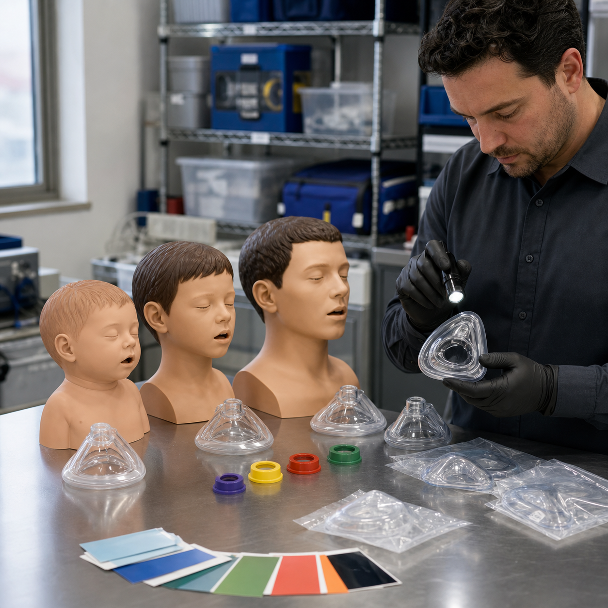 Transparent mask sizes are inspected on synthetic training headforms during a caregiver fit and maintenance audit