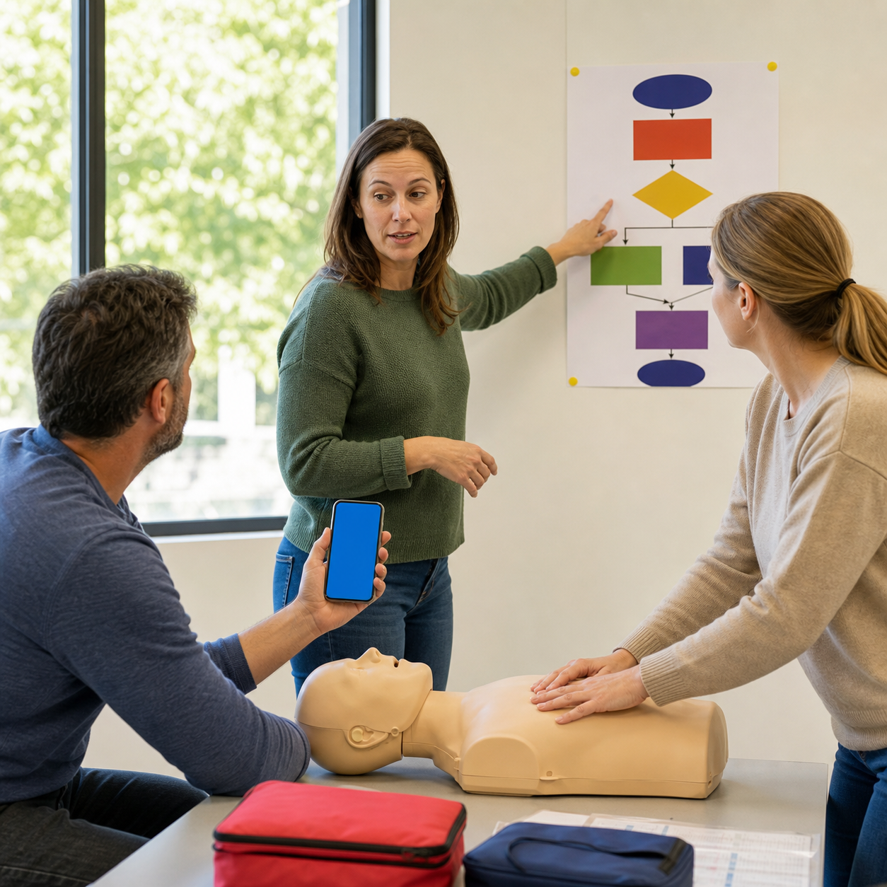 Caregivers rehearse choking first aid and emergency communication using an adult training mannequin with no suction device in use