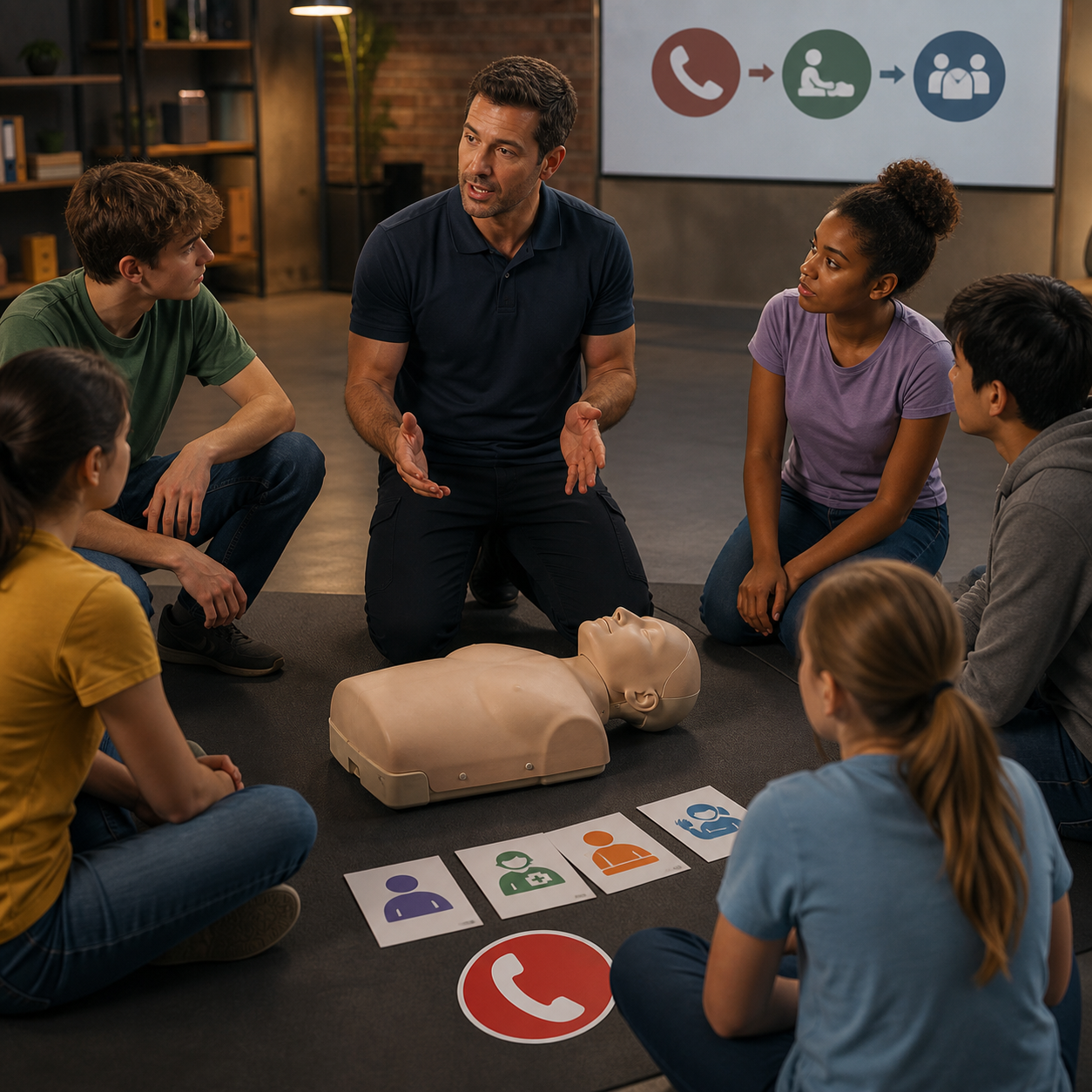 Certified instructor organizes choking first aid sequence emergency activation and response roles around a clearly synthetic adult mannequin