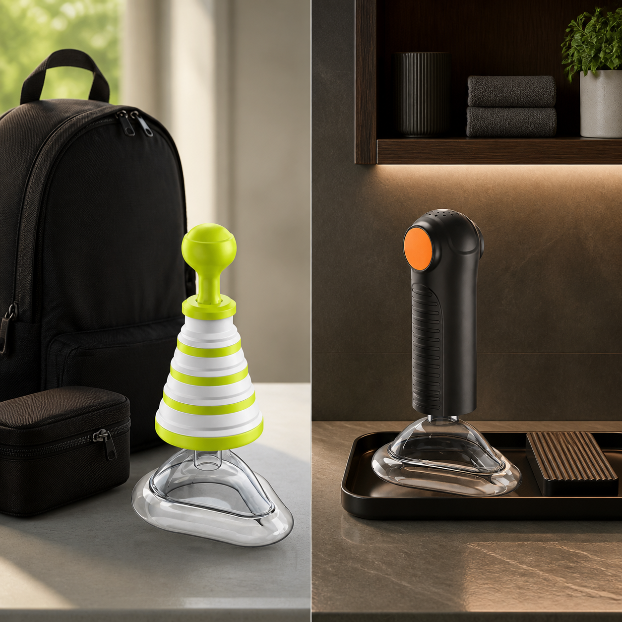 Exact real Fitiger FoldPumpVac and EasyPumpVac rest unused in a role map for portable carry and stationary readiness
