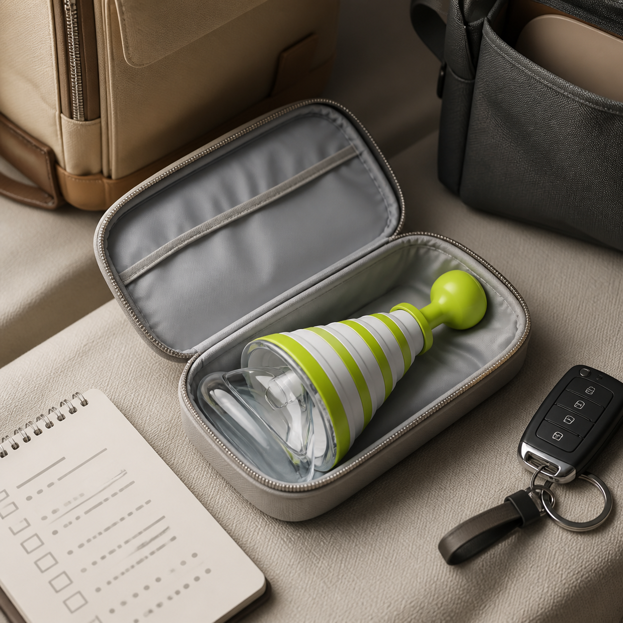 Exact real Fitiger FoldPumpVac is stored unused in a compact travel pouch beside portable readiness props