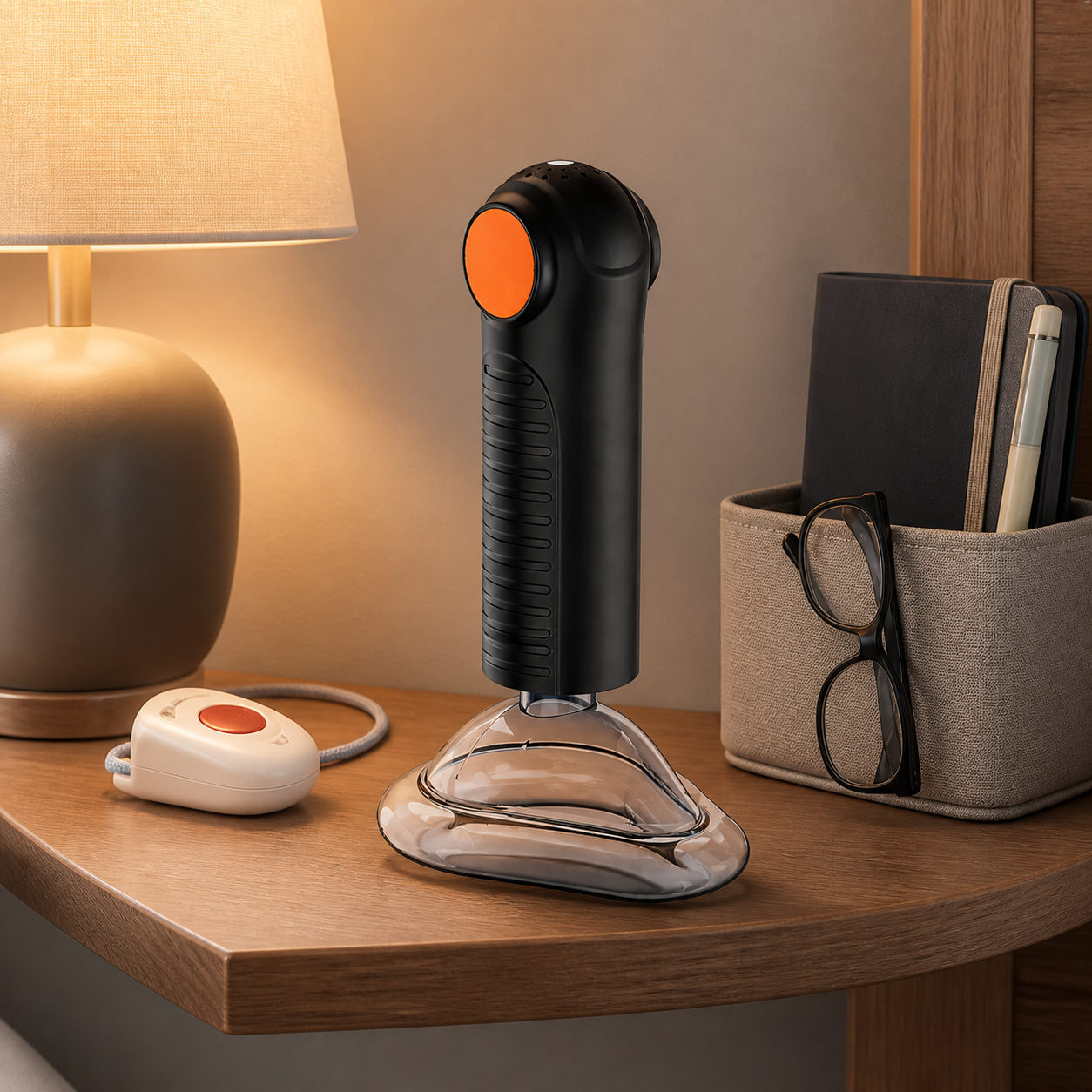 Exact real Fitiger EasyPumpVac rests unused on an easy reach standby shelf for elder care and office planning