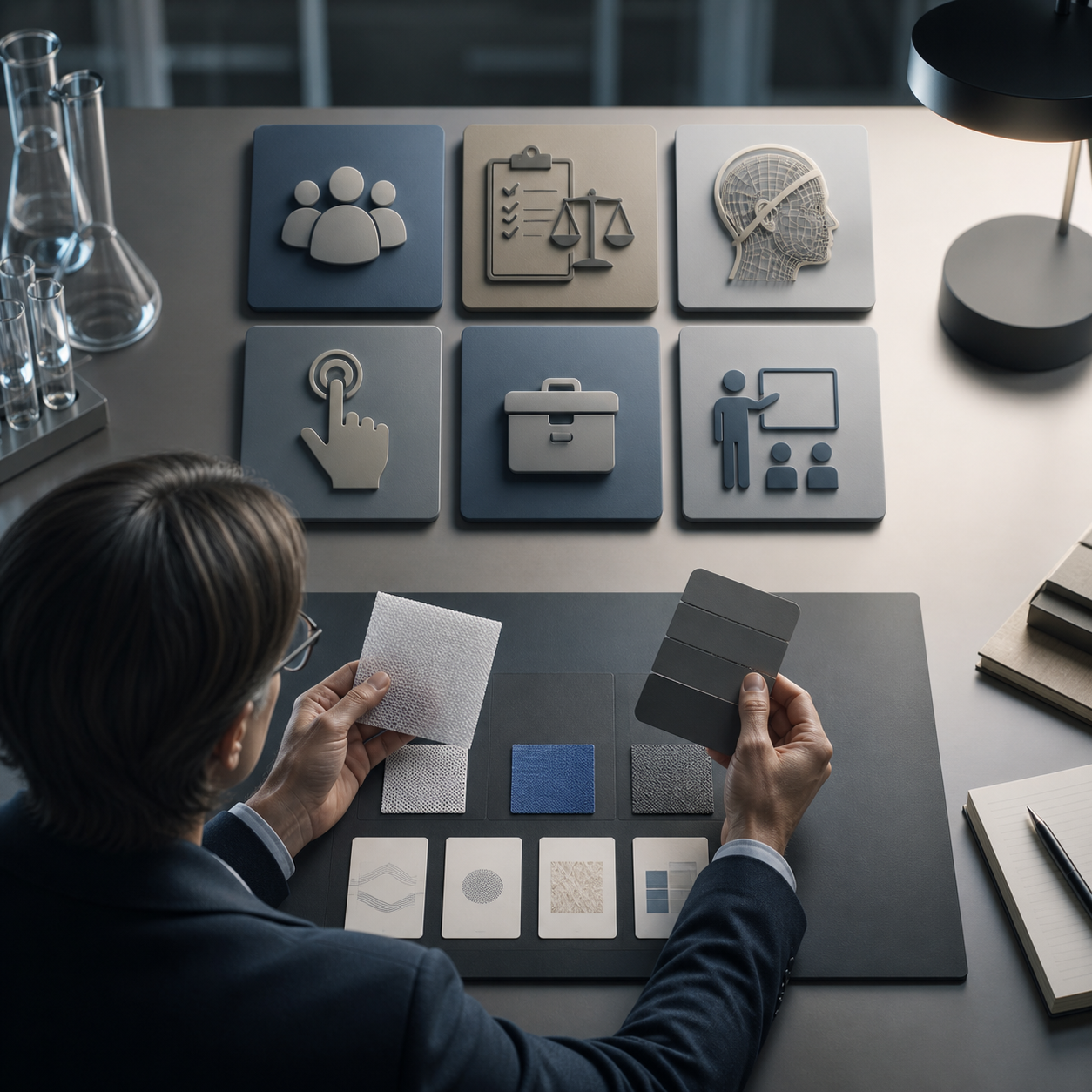 Independent safety analyst compares six anonymous buying criteria material samples and traceability cards