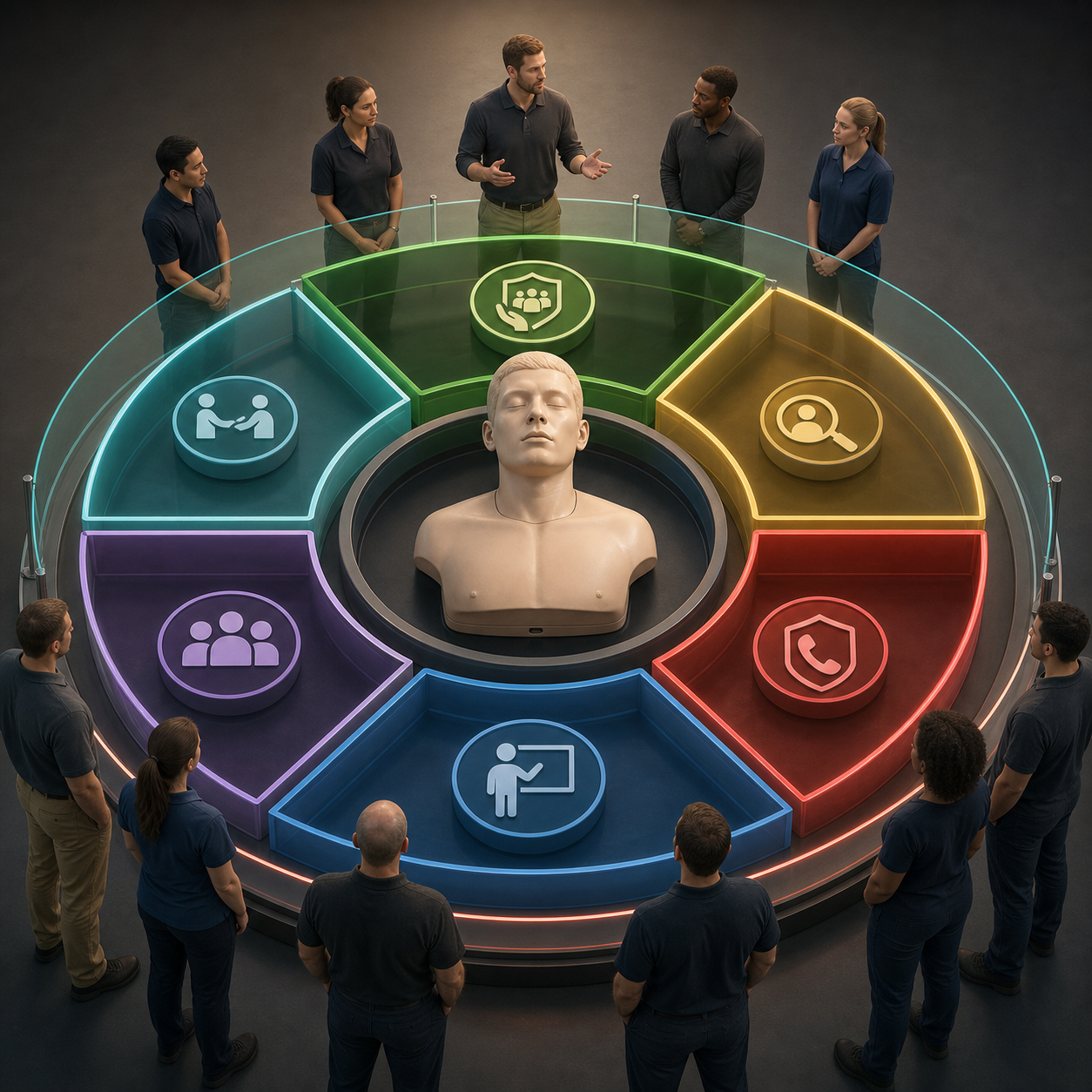 Adult response team reviews prevention recognition emergency activation first line training backup and EMS handoff around a synthetic mannequin