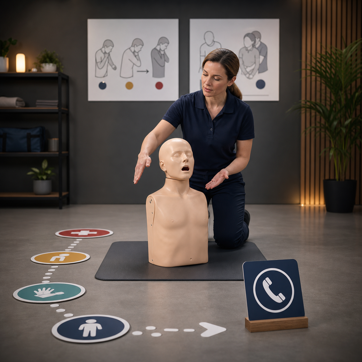 Certified instructor organizes a traditional choking first aid response sequence using a clearly synthetic adult training mannequin