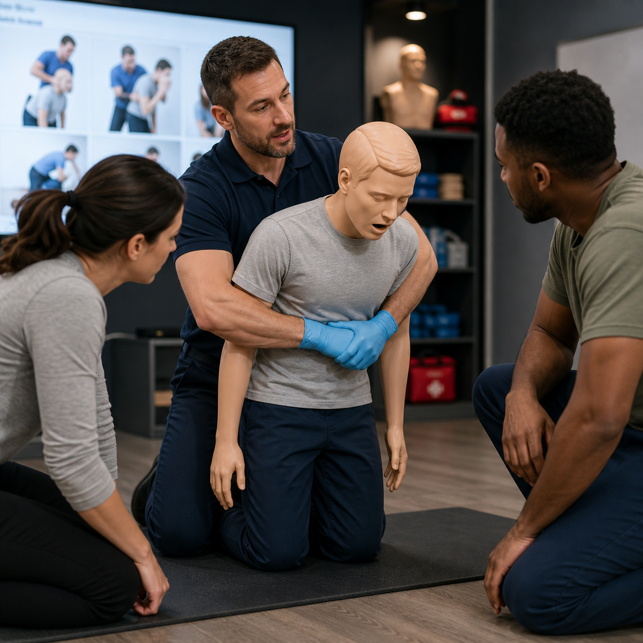 Certified trainer demonstrates traditional choking first aid positioning on a clearly synthetic adult mannequin