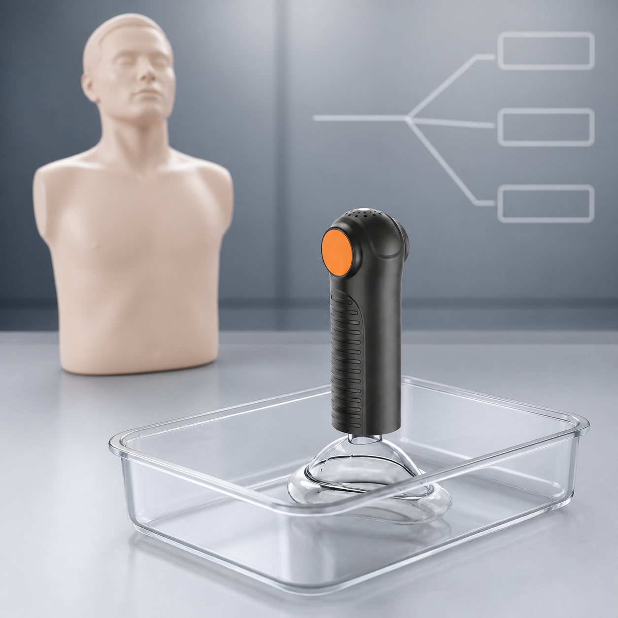 Exact real Fitiger EasyPumpVac rests unused in a readiness tray beside a synthetic mannequin and an abstract second line decision path