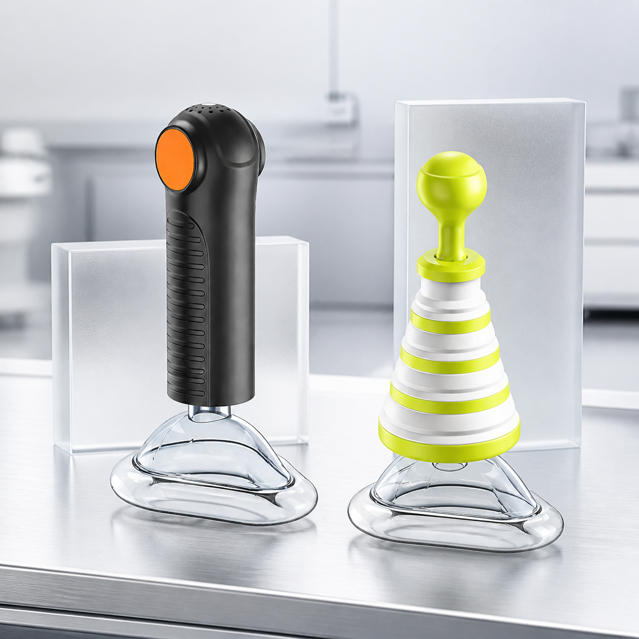 Exact real Fitiger EasyPumpVac and FoldPumpVac rest unused side by side for a product role comparison