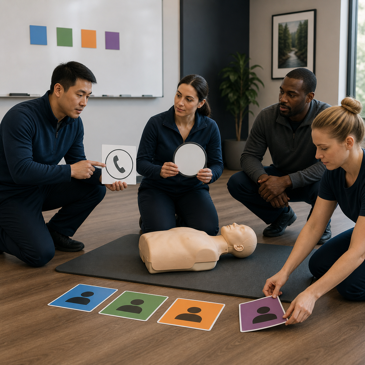 Adult response team assigns emergency roles around a closed clearly synthetic training mannequin before practice