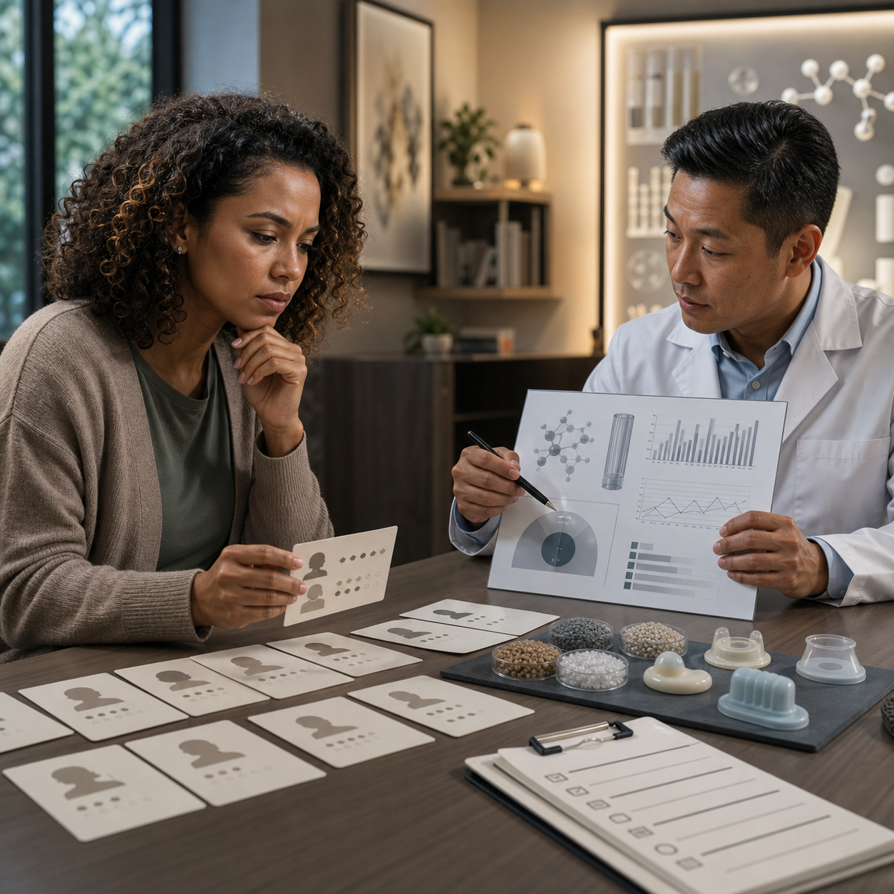 Household buyer and clinical evidence specialist compare anonymous reviews laboratory evidence material samples and a checklist
