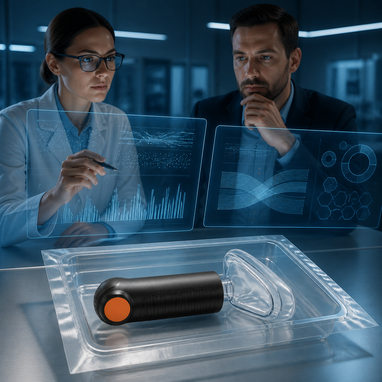 Analysts review anonymized post use reporting layers while the exact real Fitiger EasyPumpVac rests unused in an evidence tray