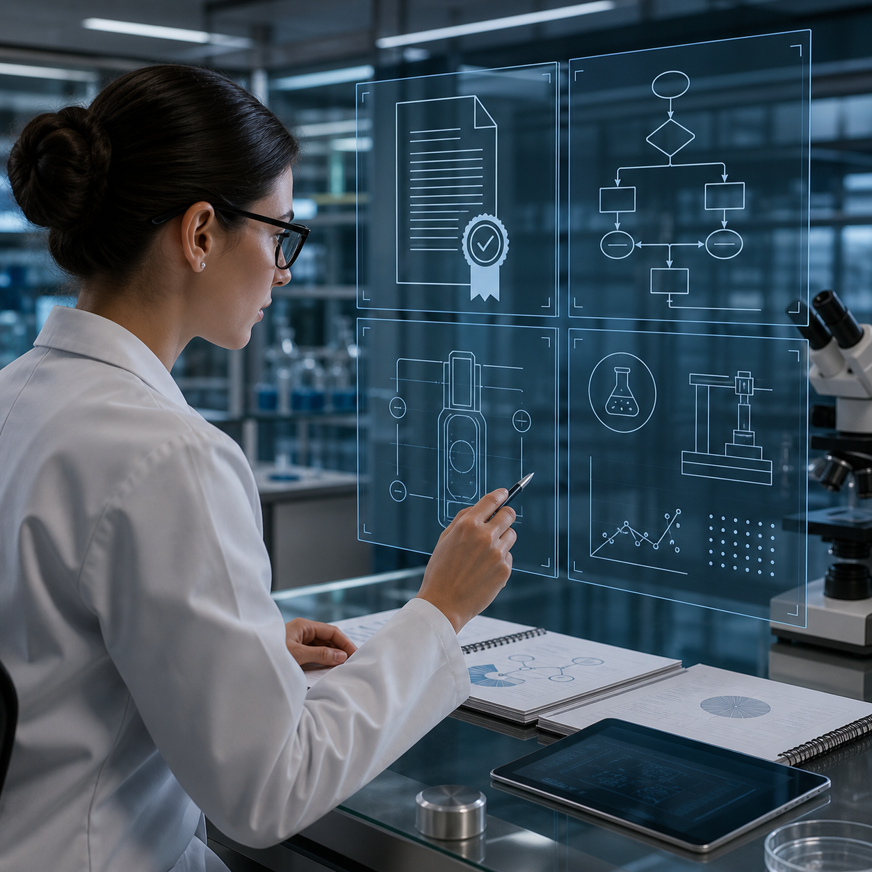 Regulatory scientist cross checks anonymous device documentation traceability and laboratory verification records