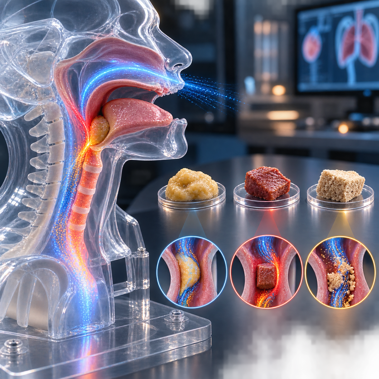Synthetic transparent airway training model compares food bolus textures resistance airflow and pressure gradients
