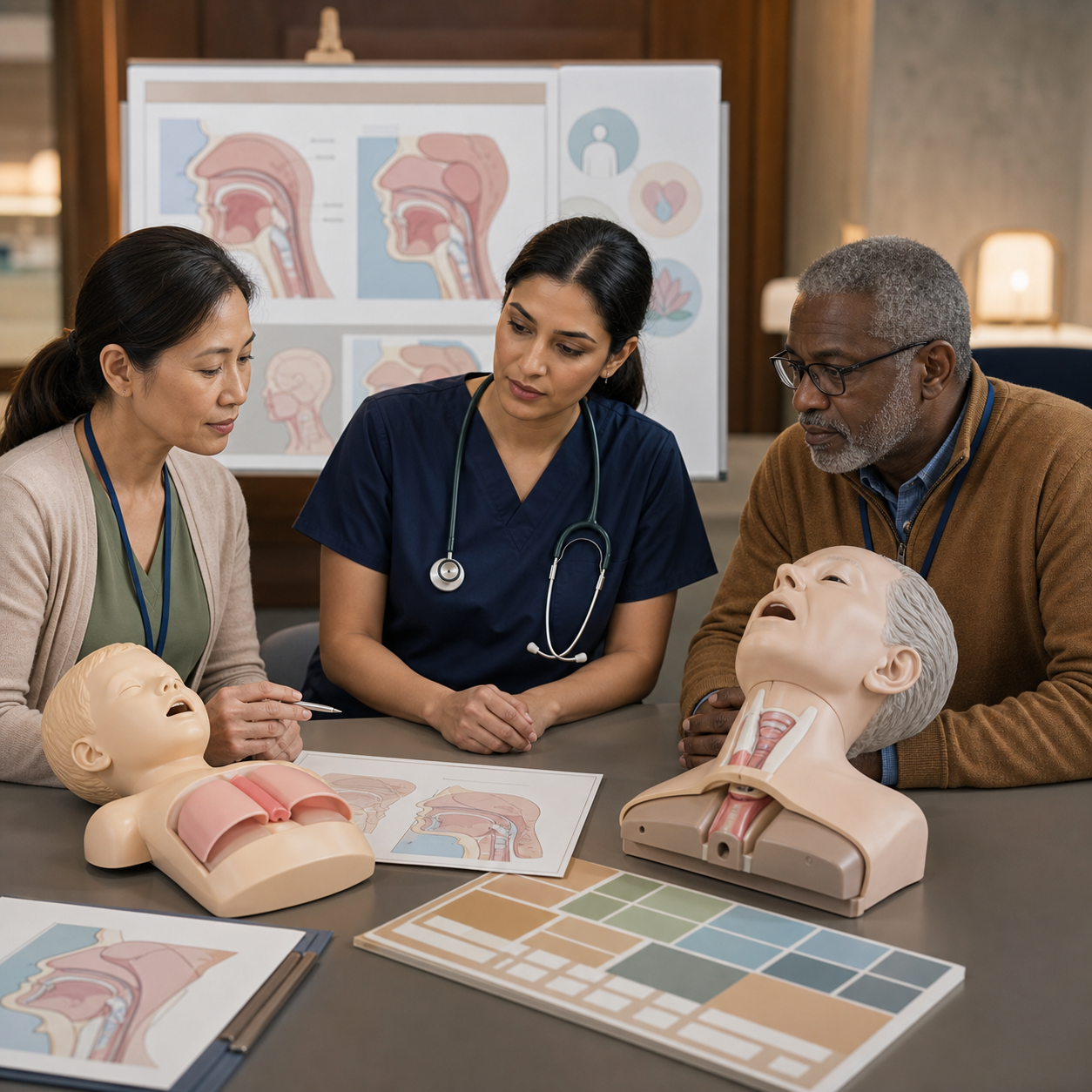 Caregiver pediatric clinician and elder care specialist review high risk factors using clearly synthetic airway mannequins