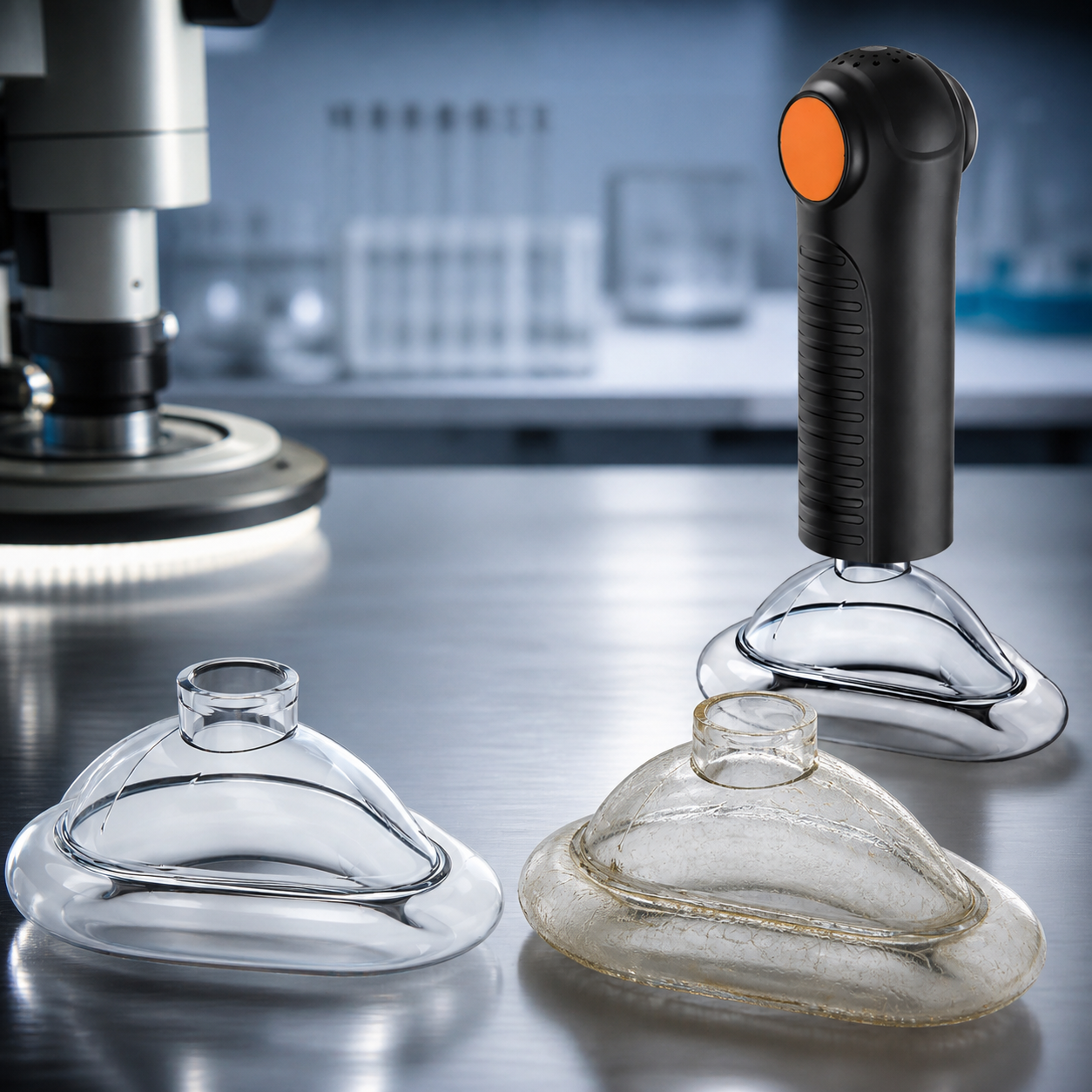 Exact real Fitiger EasyPumpVac and clear masks are inspected for aging stiffness and potential leak paths in a materials lab