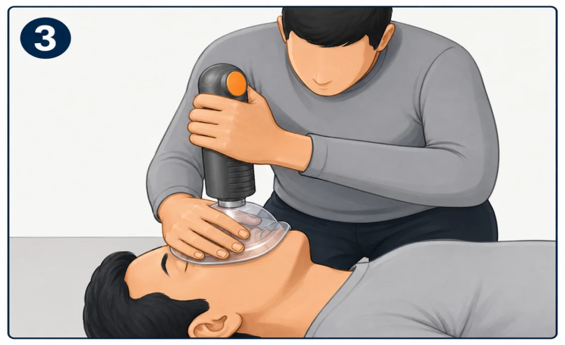 One hand maintains the mask seal while the other operates the model-specific pull grip. EasyPumpVac