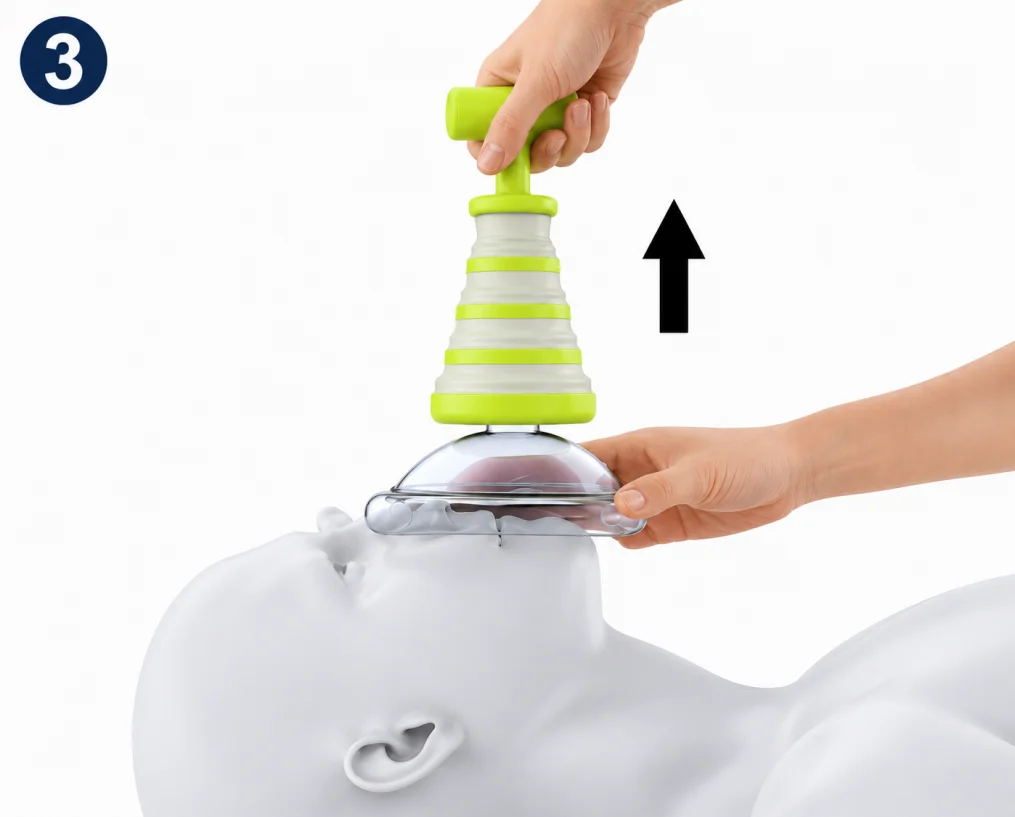 One hand maintains the mask seal while the other operates the model-specific pull grip. FoldPumpVac