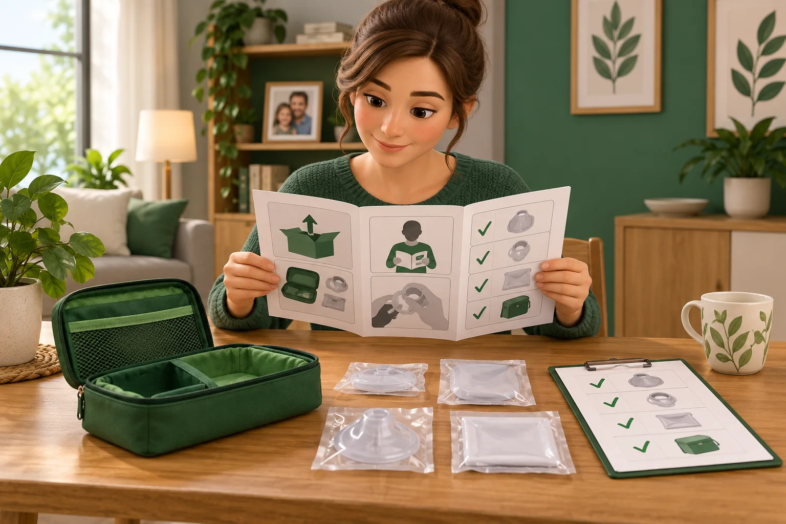 Caregiver reviews instructions and prepares a household kit.