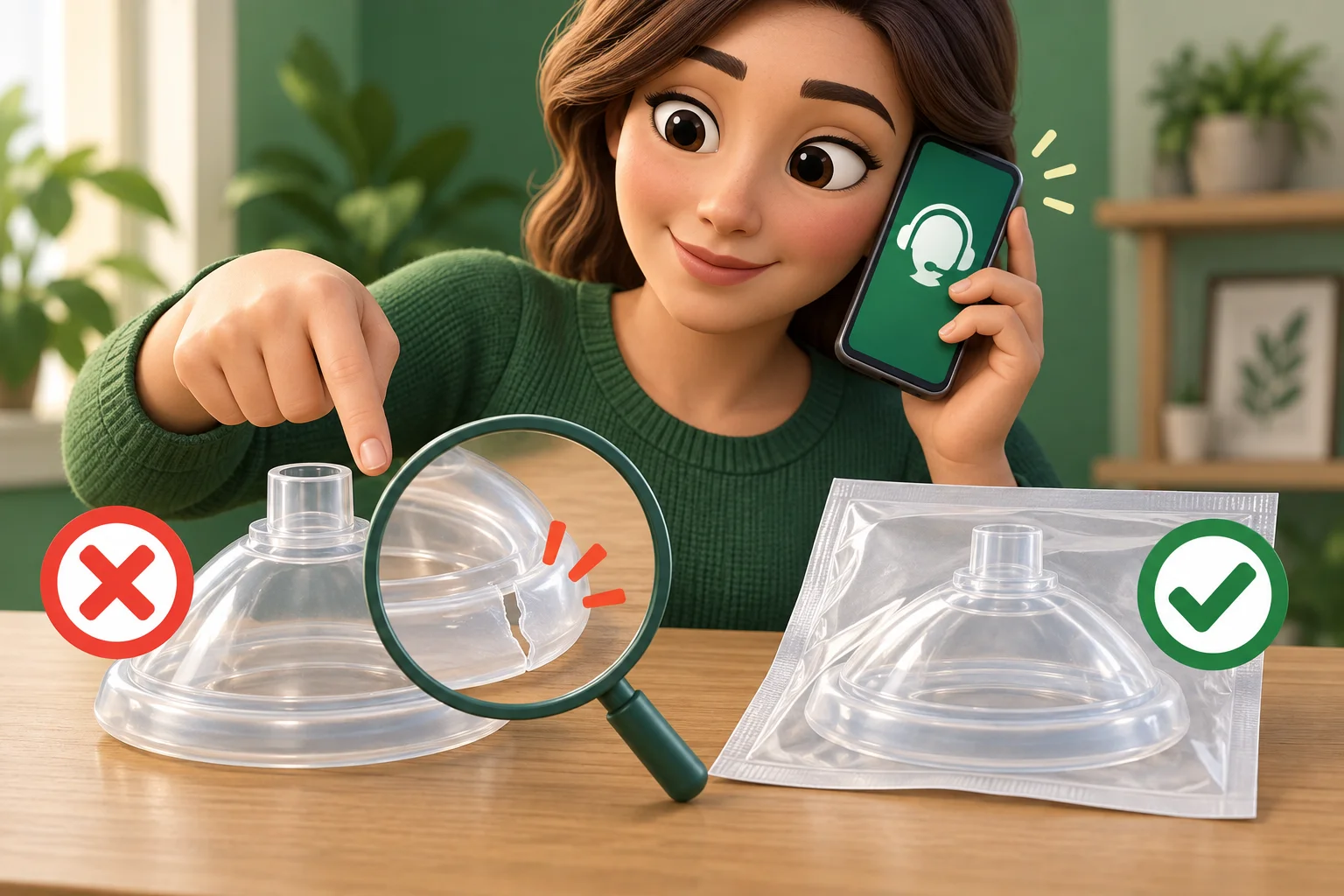 A damaged mask is identified for replacement.