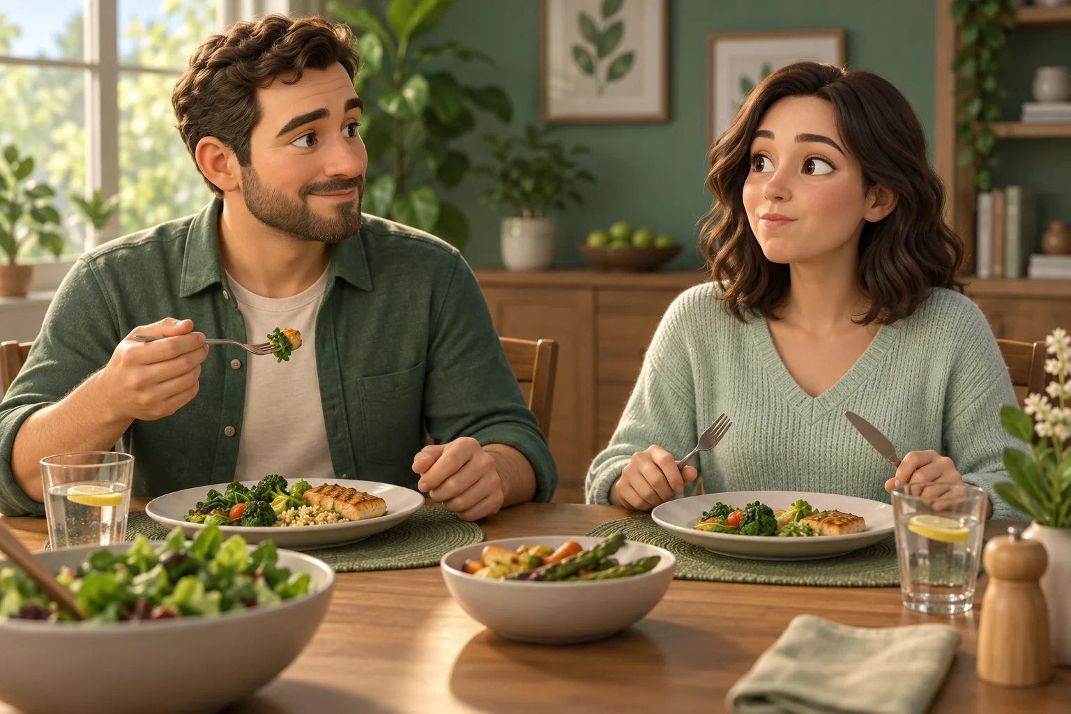 Adults eat at a calm pace with manageable bites.