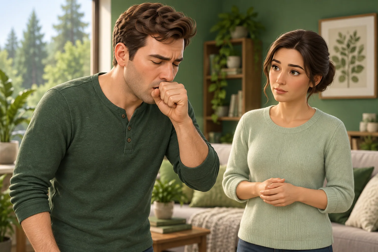An alert person coughs while a caregiver observes.