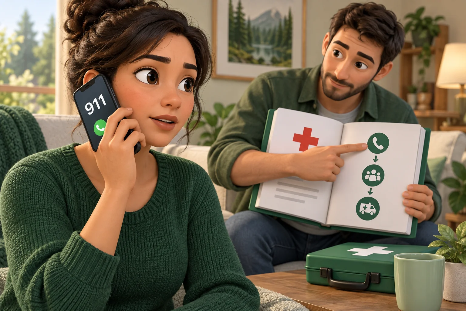 Caregivers prepare a plan to call emergency services and give care.