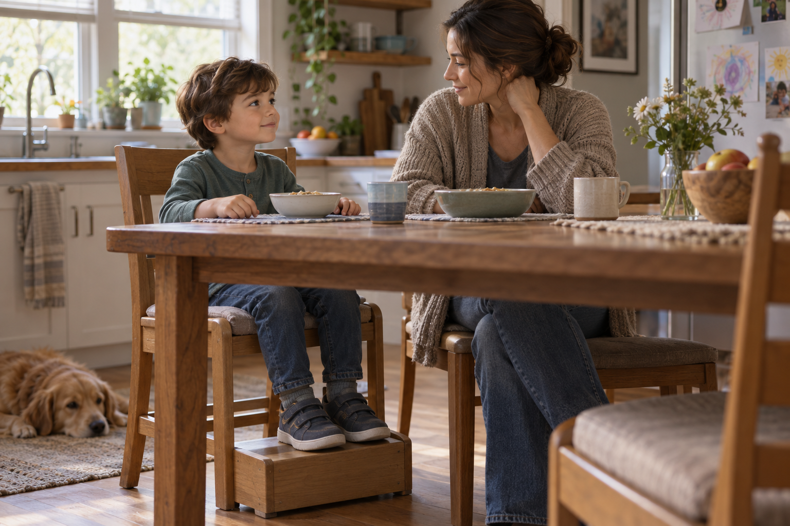 An adult sits attentively beside a young child seated upright at the family dining table.