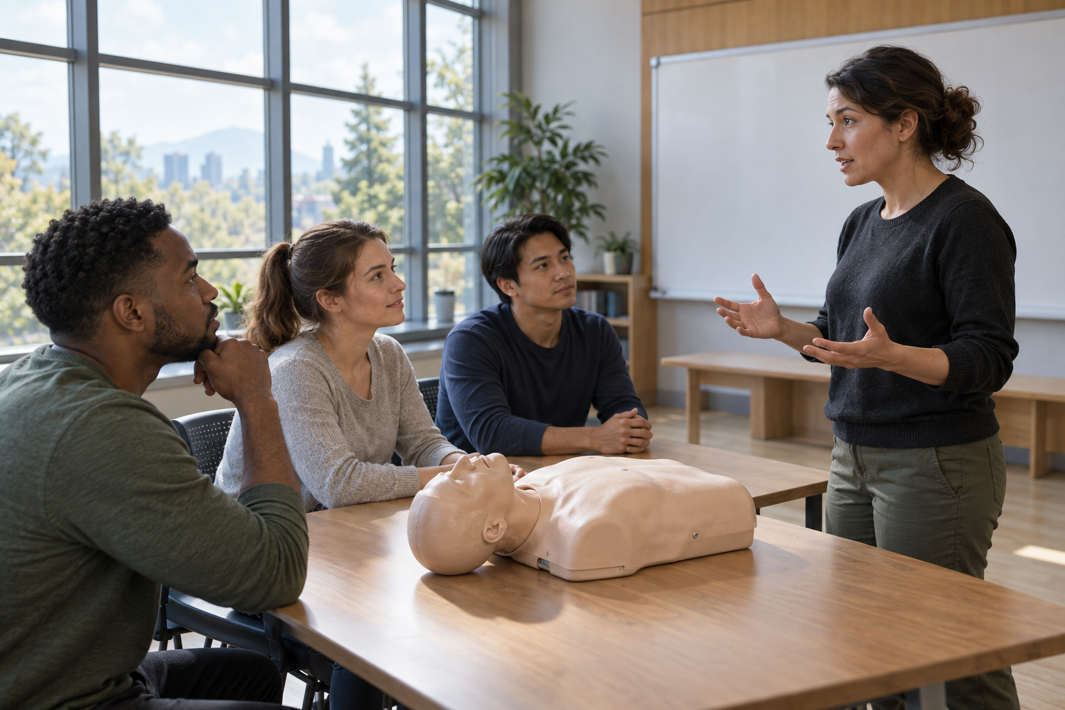 Adult learners listen to an instructor in a first-aid classroom with a training manikin on the table.