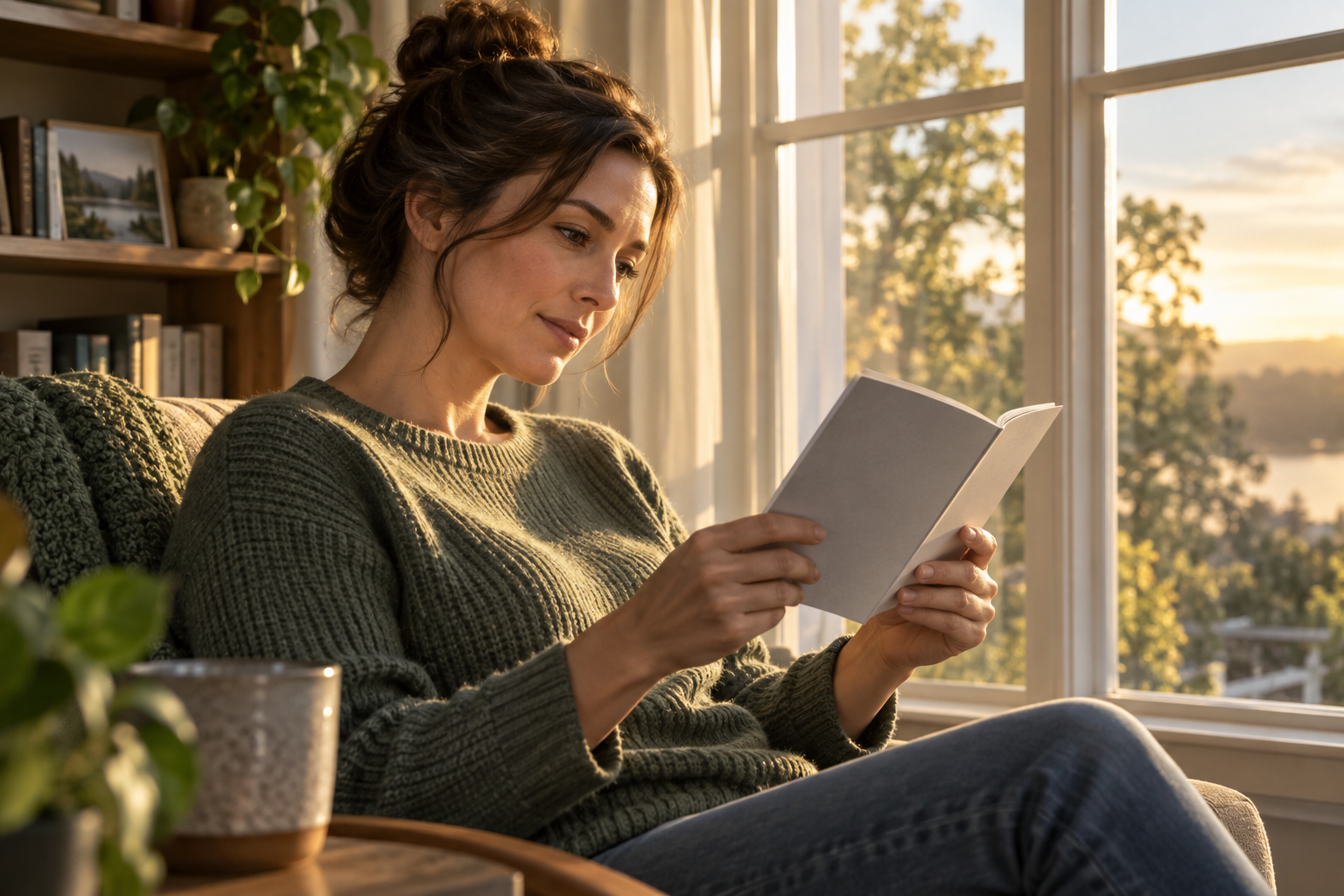 An adult caregiver reads a product instruction booklet beside a window before storing household supplies.