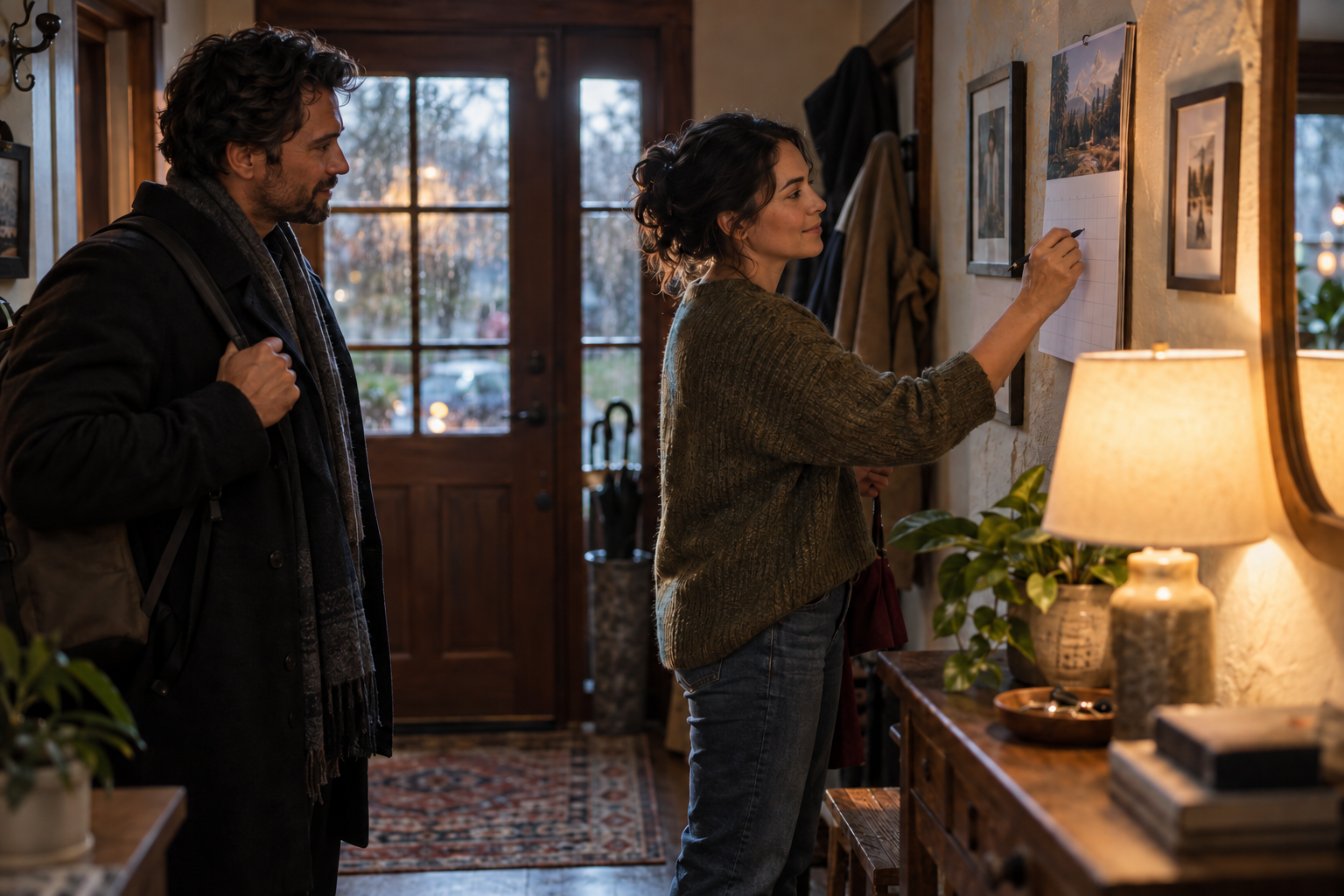 A caregiver updates a household calendar after a calm conversation with another adult in the home entryway.